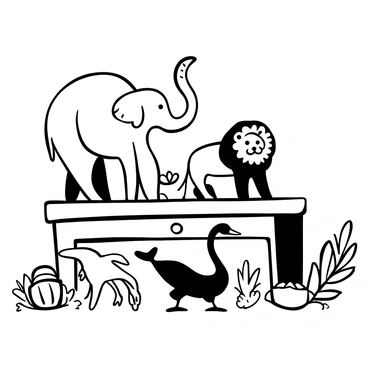 A collection of animal statues, each intricately crafted from precious metals, displayed on a polished wooden table. There are a majestic elephant with intricate detailing on its trunk, a graceful swan with elegantly curved neck and delicate feathers, a proud lion in a regal pose, and a playful dolphin captured mid-leap. Each statue is meticulously designed to highlight the texture of the metals, with hints of intricate patterning that suggest craftsmanship. Surrounding the collection, there are traditional fabric pieces that add an ornate touch, enhancing the presentation of the dowry collection.