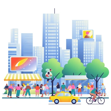 A bustling cityscape features towering buildings made of glass and steel, reflecting sunlight. In the foreground, a colorful crowd of people is engaged in various activities. Some individuals are walking briskly while others are gathered at food stalls selling street food. A bright yellow taxi cab is passing by, and a cyclist is navigating through the street. Trees with green leaves are lining the sidewalks, adding a touch of nature to the urban environment. Billboards with vibrant advertisements are positioned high on the buildings, contributing to the lively atmosphere.