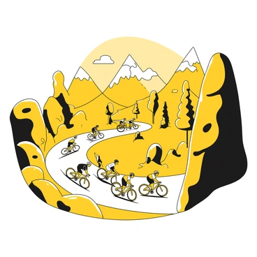 A group of cyclists in racing gear, wearing helmets and sunglasses, is navigating a winding mountain road. The cyclists are shown in various positions: some are leaning forward as they pedal vigorously, while others are in a standing position, exerting force. The road twists through the landscape, bordered by rocky cliffs and patches of grass. In the background, majestic mountains rise up, creating a dramatic skyline. The sky is clear with a few fluffy clouds. There are trees dotting the landscape, enhancing the sense of being in a natural setting.