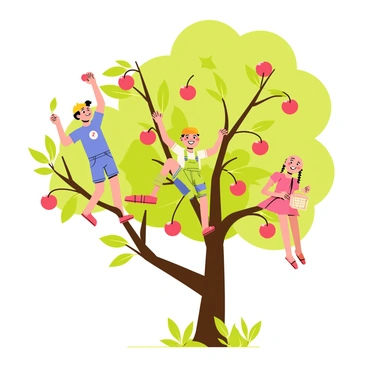 A cherry tree with thick green leaves and vibrant red cherries hanging from its branches. A group of three children, two boys and one girl, are climbing the tree. The first boy, wearing a blue t-shirt and shorts, reaches high to grab a cherry. The second boy, in a yellow cap and green overalls, is climbing a lower branch with a big smile on his face. The girl, with braided hair and a pink dress, is sitting on a sturdy branch, holding a small basket. Sunlight filters through the leaves, casting playful shadows on the ground below.