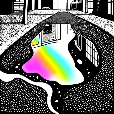 A street puddle filled with oil lies on the asphalt, capturing reflections of surrounding buildings and trees. The surface of the puddle exhibits a shimmering rainbow effect created by light interacting with the oil. Various textures of the pavement are visible around the edges of the puddle, with small pebbles and bits of debris scattered nearby. The overall composition highlights the contrast between the dark asphalt and the colorful reflections in the puddle.