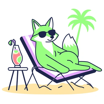 A fox head with sharp features is wearing stylish sunglasses. The fox's fur is neatly groomed, showcasing intricate details around the ears and snout. The sunglasses reflect the sun, adding a glossy sheen. The fox is lounging comfortably on a beach chair with a striped pattern. The chair is positioned on a sandy surface, and a small table beside it holds a vibrant tropical drink in a tall glass, garnished with a slice of fruit. In the background, a distant palm tree can be seen, completing the beach setting.