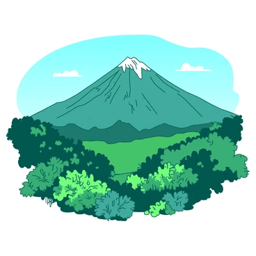 A teal Mount Kinabalu rises majestically against a backdrop of a vibrant green landscape filled with dense tropical vegetation. The mountain's rocky peaks are capped with patches of white snow, contrasting with the rich greenery below. In the foreground, there are various shrubs and small trees, their leaves shimmering in the sunlight. A clear blue sky stretches above, enhancing the beauty of the scene. The overall composition showcases the grandeur of the mountain and the lushness of the surrounding nature.