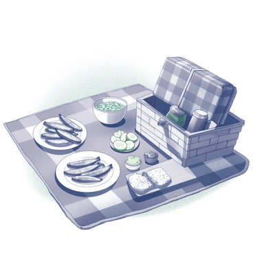 A picnic blanket is spread out on green grass. On the blanket, there are several dishes arranged, showcasing a variety of tinned fish prominently displayed. A large bowl holds a mix of tuna salad, and next to it, a platter features sardines arranged neatly. There is also an assortment of crackers and slices of bread placed nearby. Fresh vegetables, such as cucumber and cherry tomatoes, are scattered around the dishes. In the background, the sun shines brightly, casting shadows of nearby trees onto the blanket. A wicker picnic basket sits beside the spread, partially open with a couple of drinks visible inside.