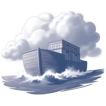 Noah's Ark is depicted as a large, wooden vessel navigating through turbulent waters. The ark has a sturdy structure, with multiple levels and a slanted roof. It is surrounded by towering waves crashing against its sides, creating splashes of water. Above, a dark, stormy sky looms with thick clouds swirling dramatically. The atmosphere conveys a sense of intensity, with wind sweeping through the scene, highlighting the ark's struggle against the powerful elements.