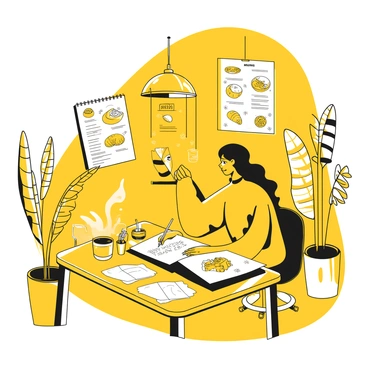 An illustrator sitting at a wooden table in a bright studio, working on a menu design for a restaurant in Philadelphia. The illustrator has an array of black and yellow sketching tools spread out around them, along with sheets of paper featuring doodles and notes. The workspace is filled with plants and modern decor, emphasizing a trendy atmosphere. The illustrator is focused, with one hand drawing intricate illustrations of food items, while the other holds a pencil, creating a layout that includes sections for appetizers, mains, and desserts. A cup of coffee is steaming beside them, adding to the creative ambiance.