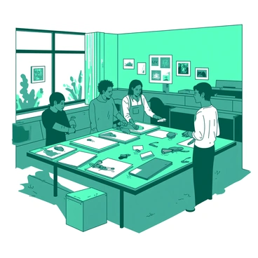 A teal classroom filled with art students engaged in learning lithography. In the center, a large table is cluttered with various lithography tools, including ink rollers and stone slabs. Some students are focused on their work, applying ink to the plates, while others are discussing techniques with their peers. The walls are adorned with colorful lithographic prints created by the students. Sunlight filters through the windows, illuminating the vibrant atmosphere of creativity and learning.