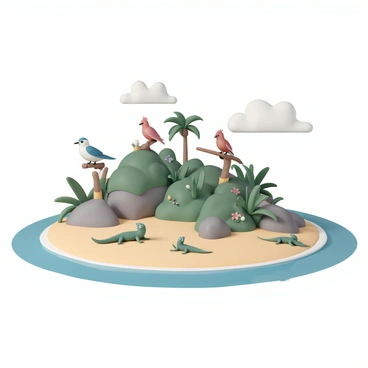 A small island ecosystem with a variety of birds, iguanas, and coastal plants