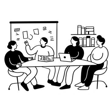 A diverse group of four legal professionals seated around a large rectangular table in a meeting room. One person is pointing at a document spread out on the table, while another is taking notes on a notepad. A laptop is open, displaying a legal document. The third person is sitting back, looking thoughtful, while the fourth person is leaning forward, engaged in the discussion. A whiteboard in the background has various notes and diagrams related to the case strategy. Several law books are stacked on a shelf visible in the room.