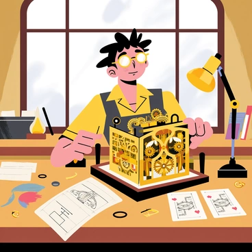 A steampunk inventor is positioned at a wooden workbench cluttered with tools and various materials. The inventor has wild, unkempt hair and is wearing goggles perched on their forehead. In front of them is a mechanical card device being assembled, showcasing intricate gears and cogs. The device has shiny brass components and exposed mechanical parts that are artistically scattered across the bench. There are blueprints of the device lying nearby, along with a flickering oil lamp that casts warm light across the workspace. A large window in the background reveals a cloudy sky, adding a touch of atmosphere to the scene.