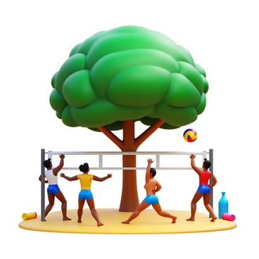 A 3D volleyball game in progress with players diving and jumping for the ball. The scene is set under a large, leafy tree that provides ample shade. The volleyball net is taut, and the ball is mid-air, indicating action. Players are dressed in colorful athletic wear, showcasing diverse skin tones and hair types. The ground is sandy, and there are scattered beach towels and water bottles nearby. Sunlight filters through the tree leaves, creating dappled patterns on the ground.