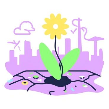 A lone dandelion is situated in the center of the image, its bright yellow flower prominently displayed. The dandelion's green leaves spread out around its base, showcasing resilience. The ground surrounding the dandelion is cracked and uneven, with small patches of dirt visible between the crevices. The surface is littered with debris, indicating pollution, such as small pieces of plastic and faded remnants of discarded materials. In the background, hints of a blurred, industrial landscape can be discerned, emphasizing the struggle of the dandelion to flourish in such an environment.
