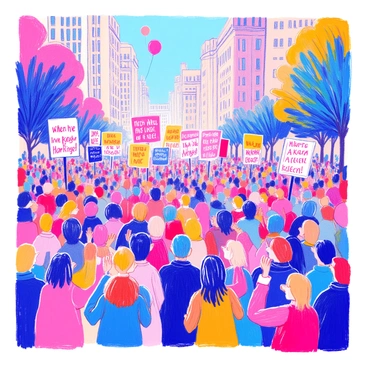 A large crowd of people is gathered in a city square. They are holding various signs with slogans written in bold letters. The crowd is diverse, with individuals of different ages, genders, and ethnicities. Some people are waving their arms enthusiastically. The square is surrounded by tall buildings, and there are trees in the background. The atmosphere is lively and vibrant as the crowd chants together. A few balloons are floating above the crowd, adding to the festive scene.