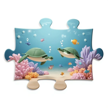 A jigsaw puzzle featuring a vibrant underwater scene. In the center, two green sea turtles gracefully swim amongst a variety of colorful coral formations. The coral is in shades of pink, orange, and purple, creating a lively backdrop. Numerous fish of different species and colors dart around, including yellow clownfish, blue tangs, and vibrant parrotfish. Bubbles rise from the turtles, adding to the dynamics of the underwater environment. Sunlight filters through the water, casting shimmering patterns on the ocean floor.