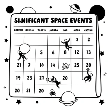 A calendar highlighting significant space events with vivid illustrations of planets and astronauts