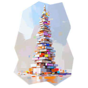 A tall tower constructed from an assortment of letters and words, showcasing a variety of languages. The letters are made of different materials such as wood, metal, and glass, creating a captivating texture. The tower's structure is intricate, with layers of letters stacked upon one another, forming a unique silhouette against the sky. Each word represents a different language, with some familiar alphabets alongside more exotic scripts. The base of the tower is wide, gradually tapering towards the top, where a colorful array of letters floats as if caught in a gentle breeze.