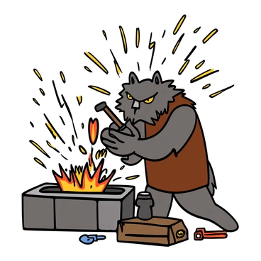 A werewolf with thick fur and fierce yellow eyes stands at a forge, hammering metal on a sturdy anvil. Sparks are flying in all directions from the intense impact of the hammer against the glowing red-hot metal. The werewolf is muscular, wearing a leather apron over its fur. The forge is built of stone with a roaring fire illuminating the scene, and various tools and pieces of crafted metal are scattered around. The atmosphere conveys a sense of industriousness and strength as the werewolf concentrates on its work.