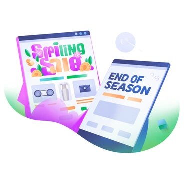 A modern pastel illustration displaying two versions of an email campaign side by side. On the left, the first version features a vibrant header with the words "Spring Sale" in large, bold letters, accompanied by colorful floral graphics. Below the header, there is a section with product images arranged neatly, each with a short description in a clean font. On the right, the second version showcases a more minimalist design, with the words "End of Season Special" in simple, elegant typography. It has a monochromatic color scheme with a subtle geometric pattern in the background, and fewer product images, allowing for more white space. Both versions are framed in a soft pastel background, emphasizing their distinct design choices.