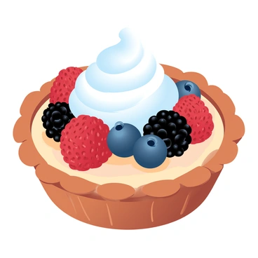 A berry tart is placed on a rustic wooden table. The tart features a golden-brown crust, filled with a smooth and creamy filling. The top is generously adorned with an assortment of fresh berries, including vibrant red strawberries, deep blue blueberries, and plump blackberries. A swirl of fluffy whipped cream is artistically arranged atop the berries, adding a soft, white contrast to the colorful fruit. The natural grain of the wooden table enhances the warm and inviting appearance of the scene.