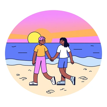 A couple is holding hands while walking along a sandy beach. The sun is setting on the horizon, casting warm orange and pink hues across the sky. The waves gently lap at their feet, leaving wet footprints in the sand. The couple is silhouetted against the vibrant colors of the sunset, creating a romantic scene. They are both dressed in casual summer clothing, enjoying the tranquil moment together.