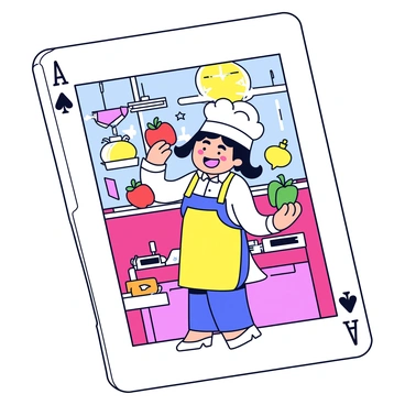 A playing card with a cheerful chef wearing a white hat and a colorful apron. The chef is happily juggling various ingredients, including a red tomato, a green bell pepper, and a yellow onion. In the background, there are bright kitchen elements such as a red stove, hanging pots and pans, and a window showing a sunny day outside. The card has a decorative border that enhances the lively kitchen scene.