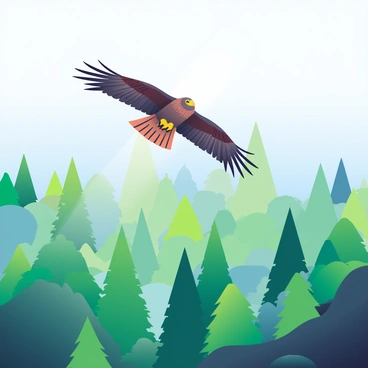 A majestic hawk soaring high above a green forest with its wings outstretched