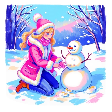 A doll resembling "Barbie" is wearing a cozy winter coat that is bright pink with fluffy white trim. She has a matching pink scarf wrapped around her neck. She is kneeling in a snowy landscape, assembling a snowman. The snowman is partially built, with a round body made of snow and a small pile of stones for eyes. In the background, snow-covered trees and a clear blue sky can be seen, enhancing the winter scene. Fluffy snowflakes are gently falling around her.