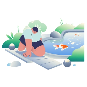 A person with short black hair is planking on a smooth stone path in a zen garden. The individual is wearing a light blue t-shirt and black shorts. Surrounding them is lush green foliage and carefully arranged stones. To the side, a koi pond reflects the sky, with orange and white koi fish swimming gracefully beneath the surface. There are delicate ripples in the water, creating a serene atmosphere. Soft, pale sand is spread around the garden, and a few small lanterns made of stone are placed strategically around the pond.