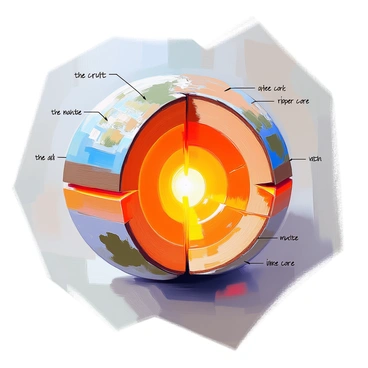 A detailed cross-section of Earth's layers, showcasing the distinct strata from the crust to the core. The thin layer of "the crust" is represented at the top, colored in browns and greens to indicate landmasses and vegetation. Below it, "the mantle" is visible, depicted in shades of orange and yellow, illustrating the semi-solid rock. Further down, "the outer core" is shown as a liquid layer of glowing red and yellow, indicating molten metal. Finally, "the inner core" appears at the center, rendered in bright white and gray, symbolizing the solid iron and nickel. Arrows or labels can indicate each layer, providing a clear understanding of Earth's internal structure.