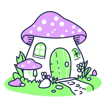 A whimsical fairy home made from a large mushroom is nestled in a vibrant forest. The mushroom is bright and has a broad cap, with tiny doors and windows carved into its sides. Each window has a delicate, round frame, and the doors are adorned with intricate designs. Surrounding the mushroom are small plants and flowers, adding to the enchanting atmosphere. A tiny pathway, made of pebbles, leads to the mushroom's entrance, inviting curious visitors to explore this magical abode.