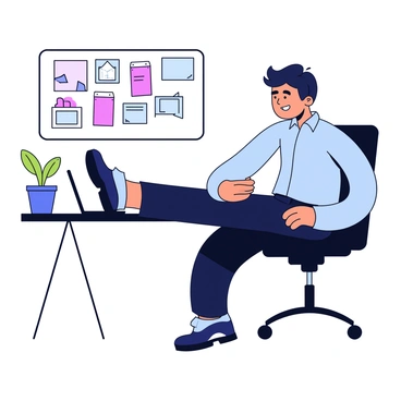 An office worker sitting on a black ergonomic chair at a desk. The worker is wearing a light blue shirt and dark trousers. The person is performing leg extensions by straightening one leg out in front. A laptop is open on the desk, and a coffee mug sits beside it. The background shows a small indoor plant in a pot and a bulletin board with colorful notes.
