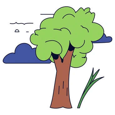 A tall oak tree with a thick trunk and a full canopy of green leaves stands prominently. The leaves are rustling in the strong wind, creating a sense of movement. Next to the oak tree, a slender reed bends gracefully, its long green stem curving under the force of the wind. The background shows a turbulent sky with dark clouds, emphasizing the intensity of the storm.