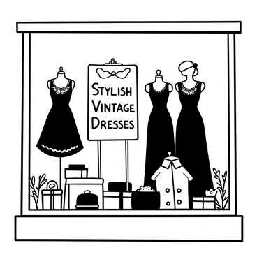 A vintage clothing shop window featuring a selection of elegant dresses displayed on mannequins. The dresses are characterized by intricate lace and fabric details, showcasing designs reminiscent of early 20th-century fashion. "Gibson Girl" silhouettes are prominent, with high collars and fitted waistlines. Surrounding the window display, there are decorative elements like vintage hat boxes, a small ornate mirror reflecting the scene, and delicate floral arrangements. A sign reading "Stylish Vintage Dresses" is prominently placed in the center, enhancing the nostalgic atmosphere.