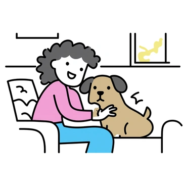 A dog snuggled up with a child on a comfy sofa, both smiling