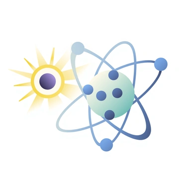 A bright photon with a white and yellow glow is depicted colliding with a spherical atom, which has multiple orbiting electrons represented as small blue spheres. The atom is illustrated with a central nucleus that has a dark purple color. Upon collision, a burst of energy is shown with rays emanating from the point of impact, indicating the force of the collision. The electrons around the atom are depicted in a motion blur, suggesting their rapid movement away from the nucleus due to the energy transfer from the photon.