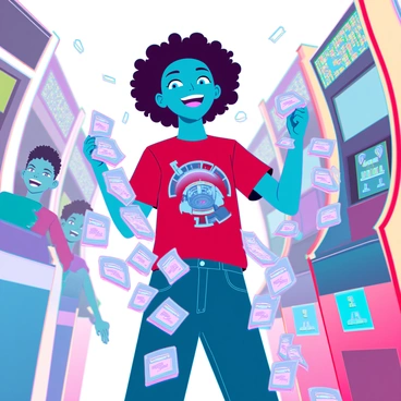 A delighted child with curly brown hair and bright blue eyes is standing in a vibrant arcade. The child is holding a long string of colorful tickets won from various arcade games, which cascade down and flutter slightly as the child moves. The child is wearing a red t-shirt featuring a cartoon character and blue jeans. Around the arcade, there are flashing lights from the games and cheerful sounds, enhancing the joyous atmosphere. In the background, other children can be seen playing games and gathering their own tickets, creating a lively and exciting scene.
