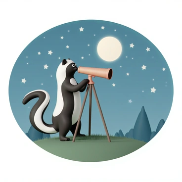 A skunk, with its distinctive black and white striped fur, is standing on its hind legs, peering through a telescope. The telescope is mounted on a small wooden tripod, situated on a grassy hill. The night sky is clear, filled with numerous twinkling stars and a bright full moon casting a soft glow. The skunk's eyes are wide with curiosity as it focuses intently on the cosmos. In the background, silhouettes of distant mountains are visible under the starlit sky.