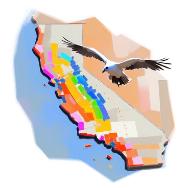 A detailed map of California showcasing various geographical features. A California condor with a large wingspan is depicted soaring gracefully. A "dotted line" follows the contours of the landscape, tracing the flight path of the condor as it moves across the map. The line connects different points of interest, such as mountains, valleys, and bodies of water, illustrating the bird's journey through diverse terrains. The map is vibrant and colorful, enhancing the visibility of the dotted line and the flight path.