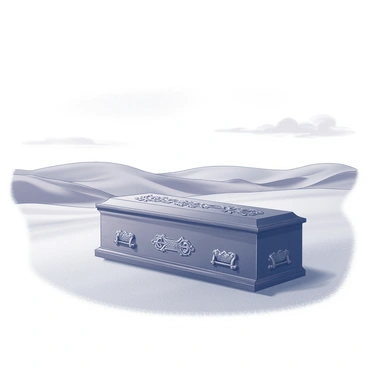 A solitary coffin rests on the sand in the middle of a vast desert. The coffin is made of dark wood, with intricate carvings etched into the surface. Surrounding the coffin, the sand stretches endlessly in all directions, with gently rolling dunes creating a stark landscape. In the distance, the sky is a pale expanse, with a few wispy clouds drifting overhead. The harsh terrain appears arid and lifeless, emphasizing the isolation of the coffin in this desolate environment.