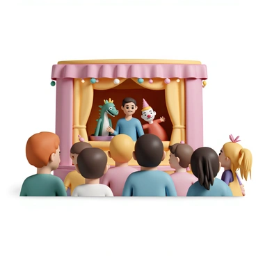 A small stage set up for a puppet show, decorated with colorful curtains and lights. Two puppeteers, one wearing a blue shirt and the other in red, are visible behind the stage, skillfully manipulating a variety of puppets. One puppet is a whimsical dragon with green scales and glittering eyes, while another is a cheerful clown with a bright red nose and multicolored hair. The audience, a diverse group of children and adults, watches with expressions of excitement and joy. The ambient lighting reflects the joyful atmosphere of the performance.