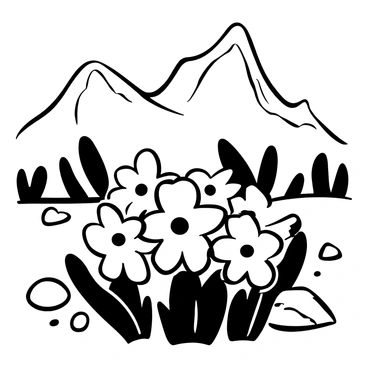 A cluster of flannel flowers with soft, textured petals in the foreground. The flowers are surrounded by lush greenery and small stones. In the background, a majestic mountain range towers, with sharp peaks and rugged cliffs. The mountains are depicted with detailed shading to show their grandeur. The sky above the mountains is clear, adding a sense of openness to the scene.