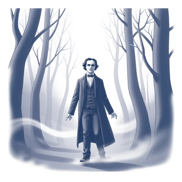 A ghostly figure resembling Edgar Allan Poe stands in a misty forest. The figure is dressed in 19th-century attire, including a dark coat and a cravat, with a somber expression on his face. Wisps of mist swirl around his feet, obscuring the ground beneath him. The trees are tall and skeletal, their branches reaching out like fingers towards the sky. Shadows play among the foliage, creating a haunting atmosphere. The pale figure seems to glide silently among the thick fog that envelops the forest, evoking a sense of mystery and intrigue.