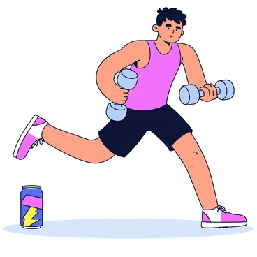 An illustration of an athlete performing hammer curls in a dynamic stance. The athlete is wearing a bright red tank top and dark shorts, showcasing a muscular build. In one hand, the athlete grips a dumbbell, with the arm flexed and focused on the exercise. Nearby, there is a sleek can of an energy drink resting on the gym floor, featuring bold graphics and vibrant colors. The background is minimalistic to emphasize the athlete and the drink.