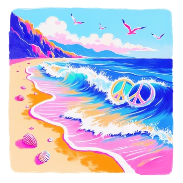 Ocean waves are gently rolling onto a sandy beach, each wave forming intricate symbols of "peace" and "unity" with their foam and surf. The beach is bathed in warm sunlight, highlighting the golden grains of sand. In the background, seagulls are soaring above, while a few scattered seashells can be seen on the shore. The water is a deep blue, contrasting with the soft beige of the sand, creating a vibrant scene.