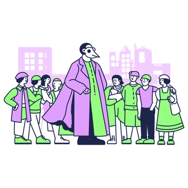 A figure wearing a "plague doctor's mask" stands prominently in the foreground, their tall, dark coat flowing slightly as they observe the scene. The mask, characterized by its long beak and hollow eye sockets, is a key feature of this figure. Surrounding them is a diverse "crowd of people" engaged in various activities, some looking anxious and others focused on their tasks. The crowd is a mix of individuals wearing different styles of clothing, representing a range of time periods. In the background, there are faint outlines of buildings and structures, creating a sense of urban setting, while the overall atmosphere hints at concern about the "spread of disease." The posture and expressions of the crowd reflect their unease and awareness of the figure's ominous presence.