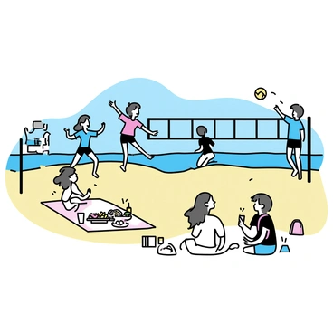 A sandy beach with soft, golden grains, where multiple people are engaging in a volleyball game. There are two teams, one wearing bright red and the other wearing blue, as they leap and stretch to hit the ball over the net. Nearby, a group of four people is sitting on a picnic blanket with a spread of food items including fruits, sandwiches, and drinks. Two of them are laughing while the others are reaching for a drink. The background features gentle waves lapping at the shore under a clear blue sky.