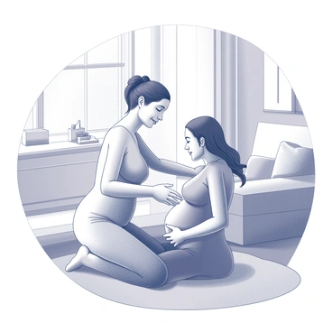 A doula is calmly assisting a pregnant woman who is in the process of giving birth in a comfortable home environment. The doula, dressed in a simple outfit, is positioned beside the woman, offering physical support and encouragement. The pregnant woman is sitting or kneeling, displaying signs of concentration and strength. The room is decorated with soft textiles and personal touches, creating a warm and intimate atmosphere. Natural light filters through a nearby window, adding to the serene setting. The doula's hands are placed on the woman's back, providing comfort and stability as they navigate this significant moment together.
