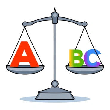 A balance scale in the center of the image, with a shiny metallic finish. On the left side of the scale, there are colorful grade letters arranged as follows: a large red "A," a bright yellow "B," and a green "C." On the right side of the scale, there are letters arranged similarly, featuring a blue "D," an orange "E," and a purple "F." The scale is perfectly balanced, and a subtle shadow is cast on the surface beneath it. The background is simple and emphasizes the scale and the letters.