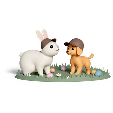 A small white bunny, with fluffy fur and big, expressive eyes, stands next to a playful golden puppy, wagging its tail excitedly. Both animals are wearing matching brown detective hats that sit slightly askew on their heads. The bunny has its nose twitching in anticipation, while the puppy looks up at the bunny with a curious expression. They are surrounded by a vibrant meadow filled with colorful Easter eggs hidden among the grass and wildflowers. The scene conveys a sense of adventure as the bunny and puppy prepare to search for the hidden treasures.