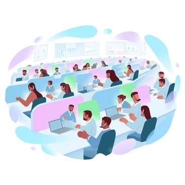 A wide view of a bustling call center filled with numerous customer service agents at their desks. Each agent is wearing a headset and is engaged in conversations. Several agents are seated in rows, focused on their computers, while some are gesturing as they speak. Colorful office dividers separate the workspaces, creating a vibrant atmosphere. There are screens displaying various metrics and information behind the agents, adding to the dynamic environment. The lighting is bright, reflecting the energetic activity of the space.